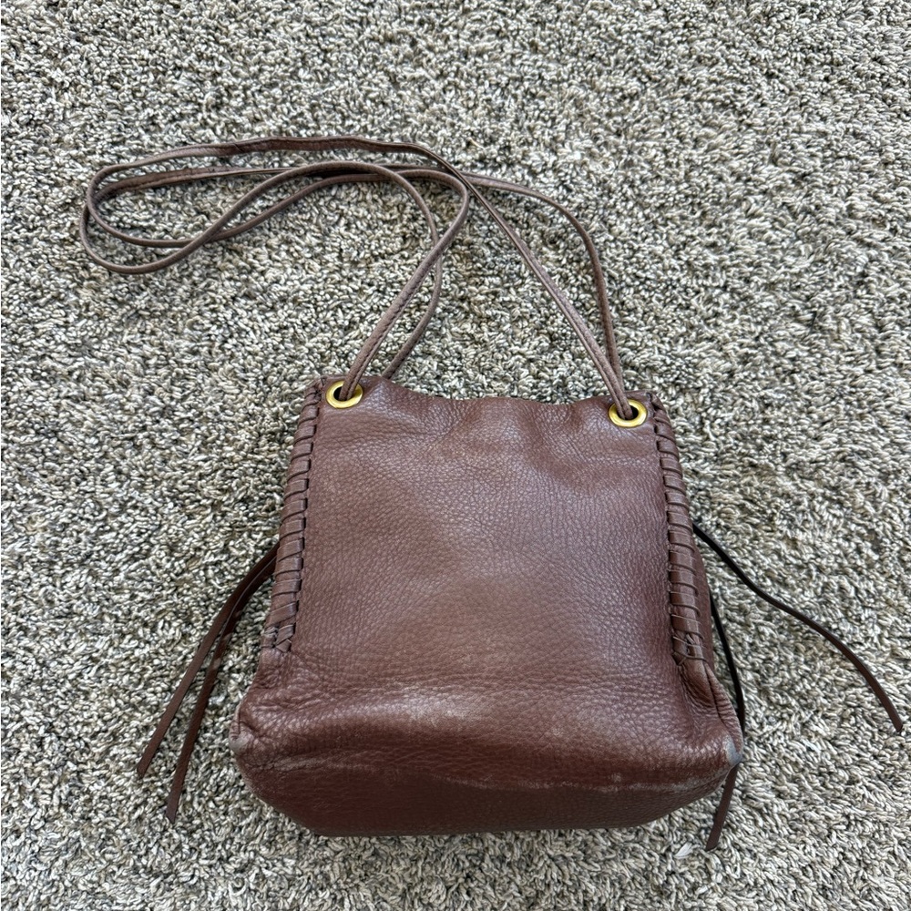 Hobo Vintage Brown Leather Bucket Boho Shoulder Bag Woven  Side